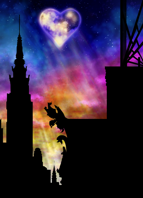 WIP of KH3 box art redraw, buildings are blacked out into silhouettes to highlight the sky.