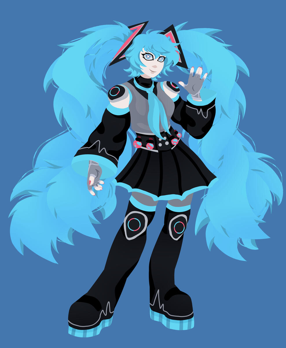 I kinda wanna redraw this one with lineart- It's a lineless Miku design based off the prompt "Draw Miku if she was in your OC's world."